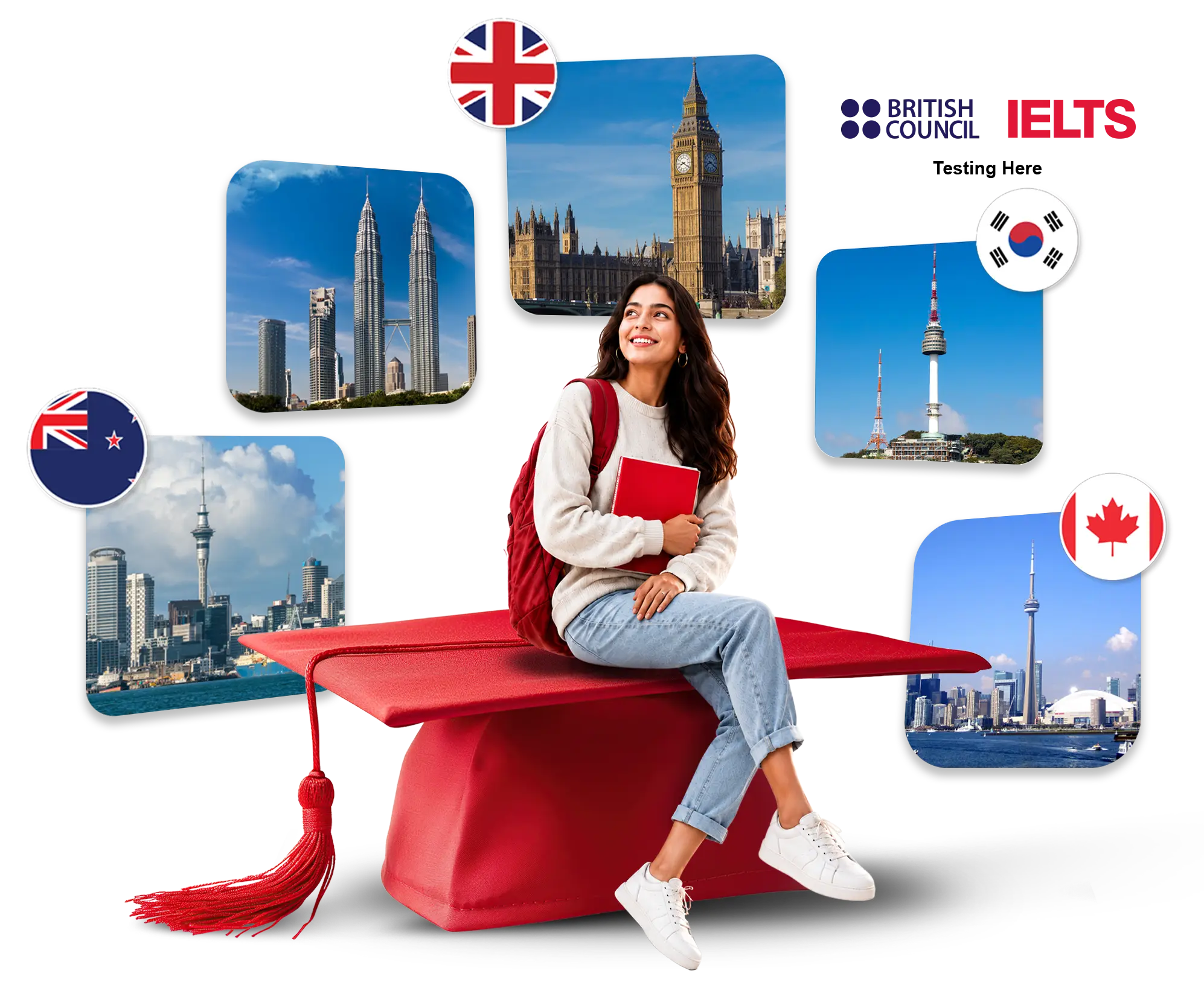 IELTS & Study Abroad Expo 2026 — student with UK, Canada, New Zealand, Malaysia and South Korea destinations
